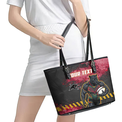 Personalised Penrith Panthers Rugby Leather Tote Bag Black Panther Mascot - Sporty Splash Art Style