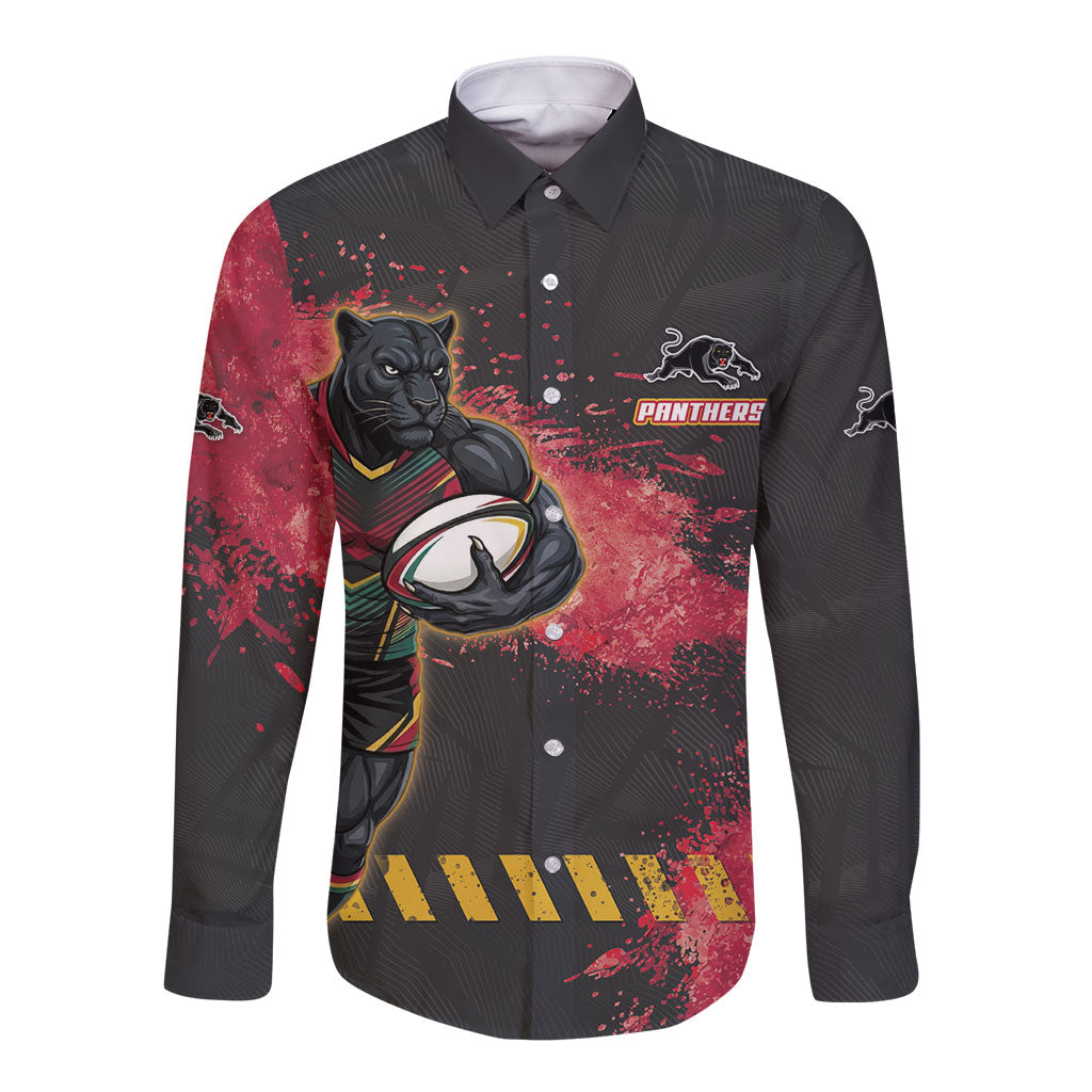 Personalised Penrith Panthers Rugby Long Sleeve Button Shirt Black Panther Mascot - Sporty Splash Art Style