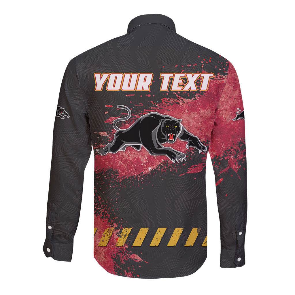 Personalised Penrith Panthers Rugby Long Sleeve Button Shirt Black Panther Mascot - Sporty Splash Art Style