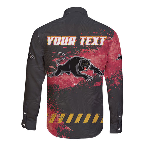 Personalised Penrith Panthers Rugby Long Sleeve Button Shirt Black Panther Mascot - Sporty Splash Art Style