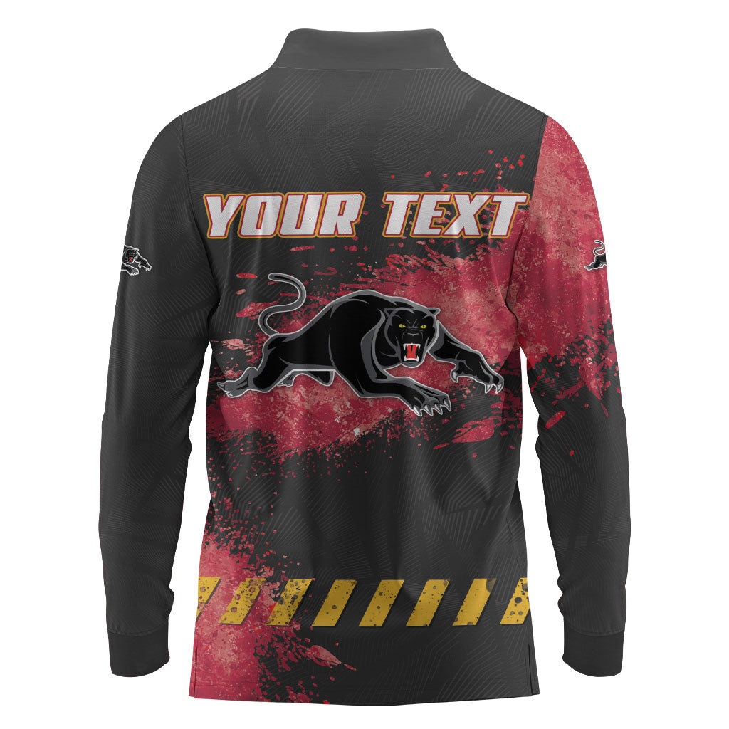 Personalised Penrith Panthers Rugby Long Sleeve Polo Shirt Black Panther Mascot - Sporty Splash Art Style