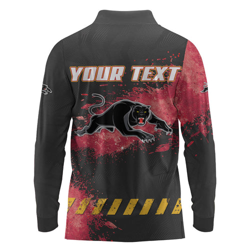 Personalised Penrith Panthers Rugby Long Sleeve Polo Shirt Black Panther Mascot - Sporty Splash Art Style