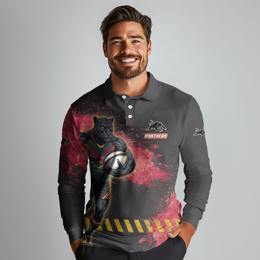 Personalised Penrith Panthers Rugby Long Sleeve Polo Shirt Black Panther Mascot - Sporty Splash Art Style
