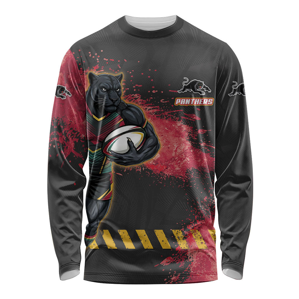 Personalised Penrith Panthers Rugby Long Sleeve Shirt Black Panther Mascot - Sporty Splash Art Style