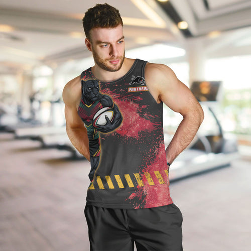 Personalised Penrith Panthers Rugby Men Tank Top Black Panther Mascot - Sporty Splash Art Style
