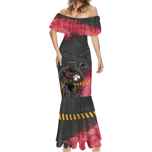 Personalised Penrith Panthers Rugby Mermaid Dress Black Panther Mascot - Sporty Splash Art Style