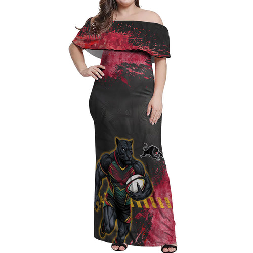 Personalised Penrith Panthers Rugby Off Shoulder Maxi Dress Black Panther Mascot - Sporty Splash Art Style