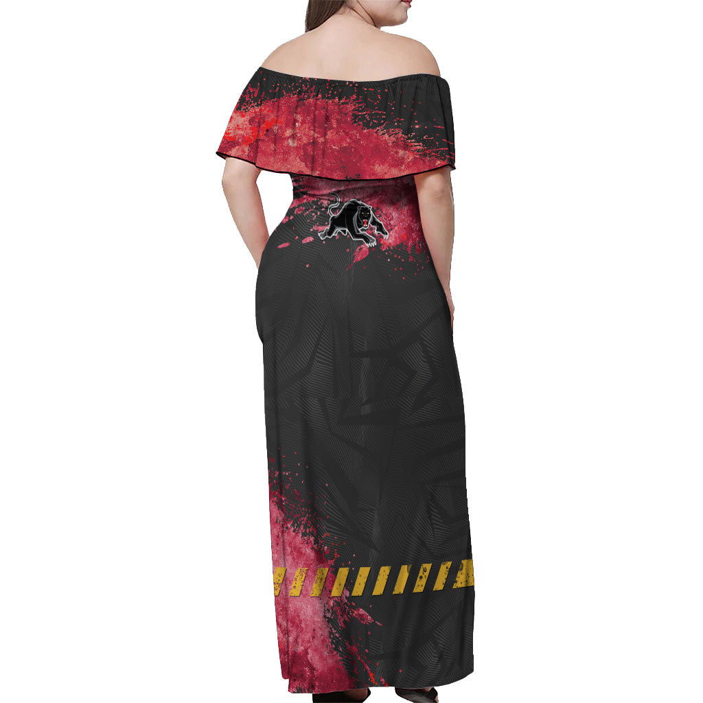 Personalised Penrith Panthers Rugby Off Shoulder Maxi Dress Black Panther Mascot - Sporty Splash Art Style