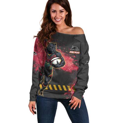 Personalised Penrith Panthers Rugby Off Shoulder Sweater Black Panther Mascot - Sporty Splash Art Style