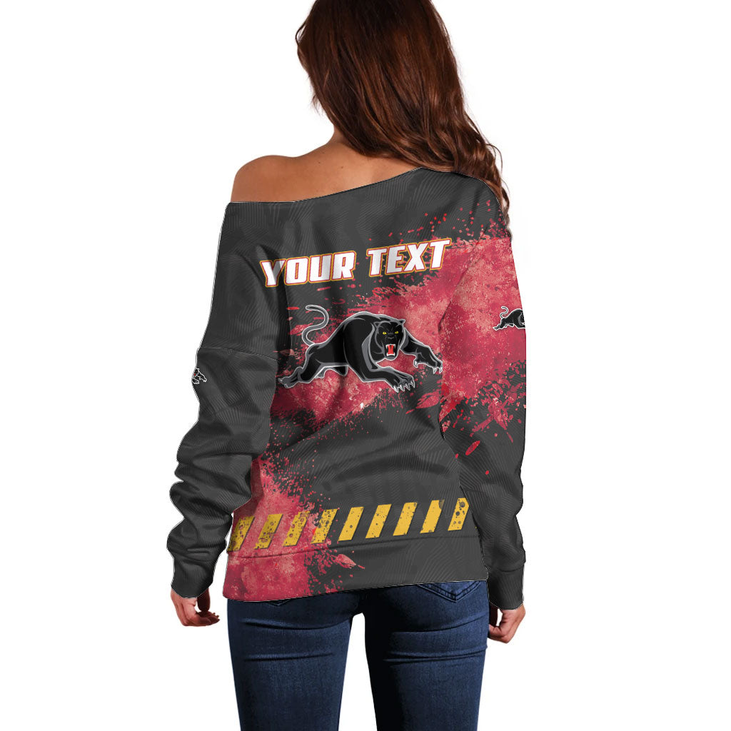 Personalised Penrith Panthers Rugby Off Shoulder Sweater Black Panther Mascot - Sporty Splash Art Style
