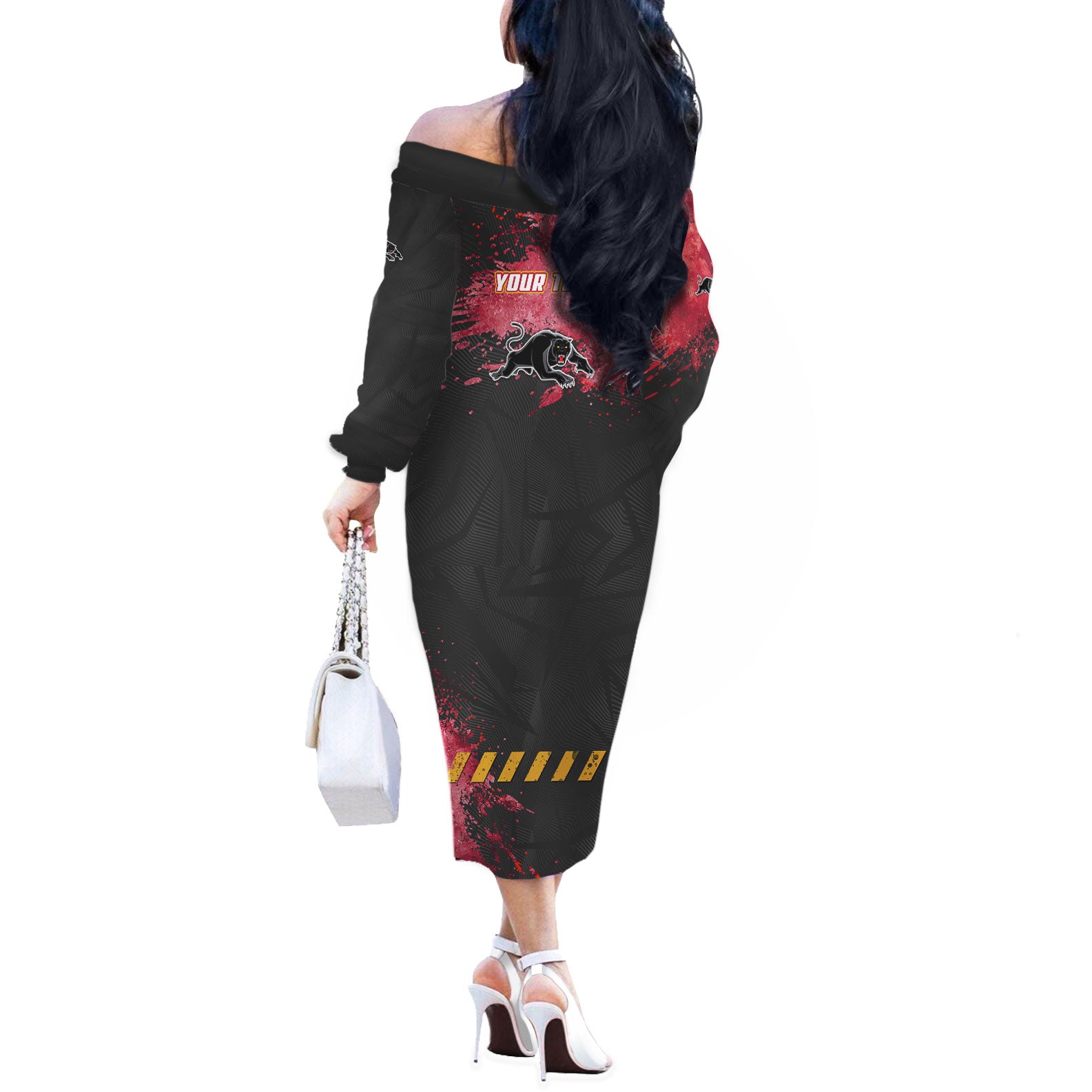 Personalised Penrith Panthers Rugby Off The Shoulder Long Sleeve Dress Black Panther Mascot - Sporty Splash Art Style
