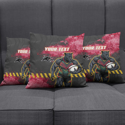 Personalised Penrith Panthers Rugby Pillow Cover Black Panther Mascot - Sporty Splash Art Style