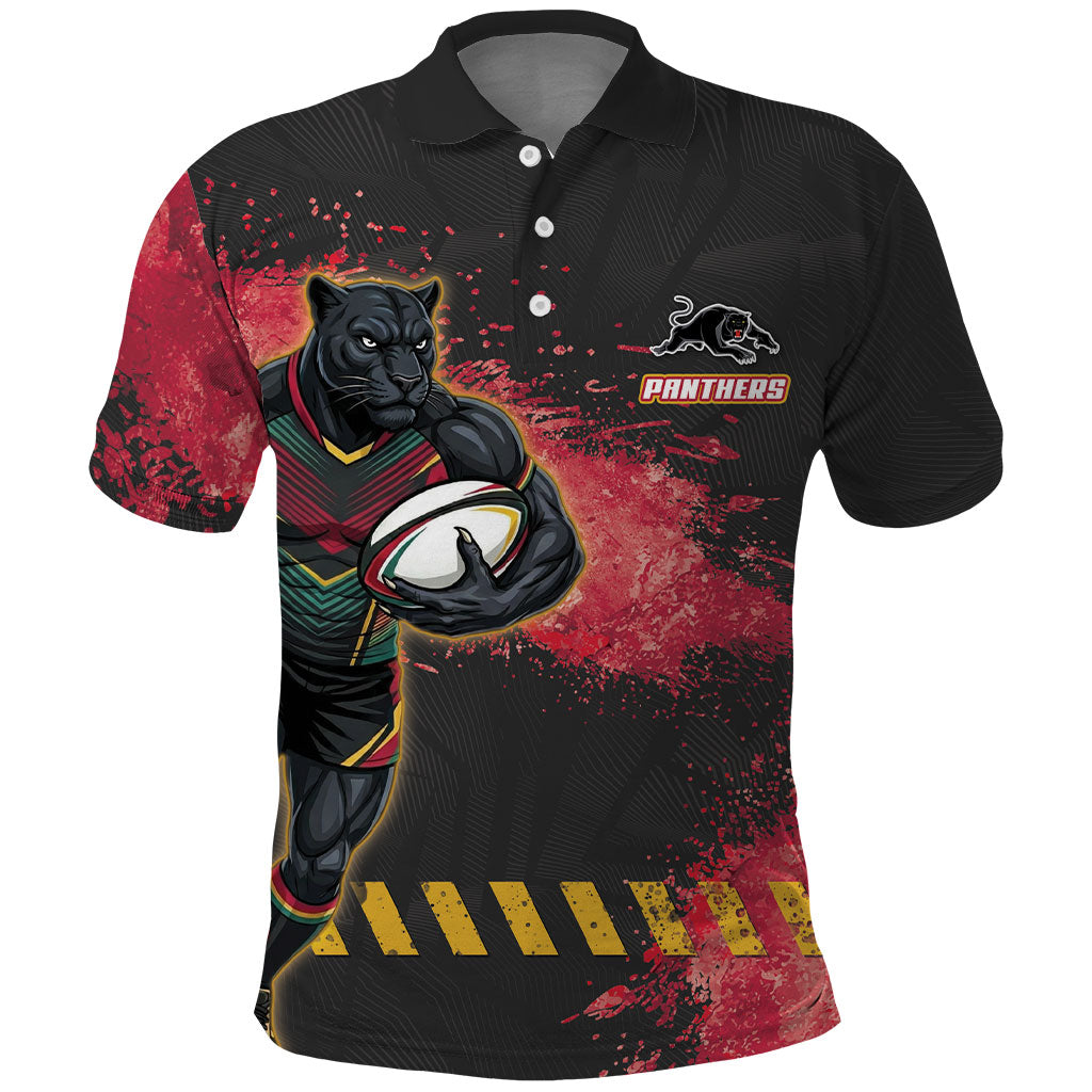Personalised Penrith Panthers Rugby Polo Shirt Black Panther Mascot - Sporty Splash Art Style