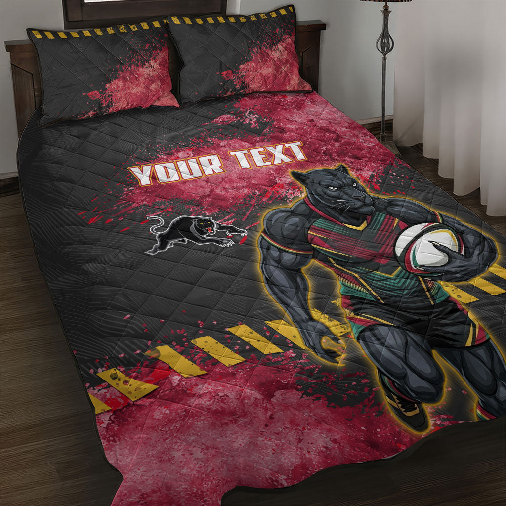 Personalised Penrith Panthers Rugby Quilt Bed Set Black Panther Mascot - Sporty Splash Art Style