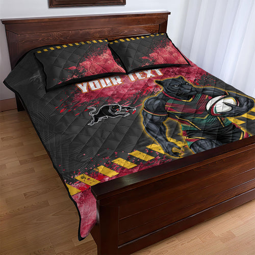 Personalised Penrith Panthers Rugby Quilt Bed Set Black Panther Mascot - Sporty Splash Art Style