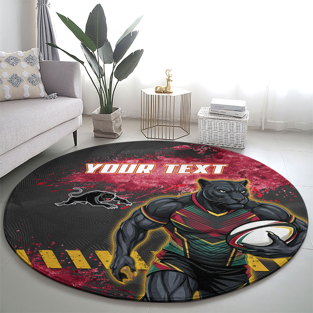Personalised Penrith Panthers Rugby Round Carpet Black Panther Mascot - Sporty Splash Art Style