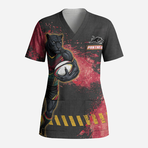Personalised Penrith Panthers Rugby Scrub Top Black Panther Mascot - Sporty Splash Art Style