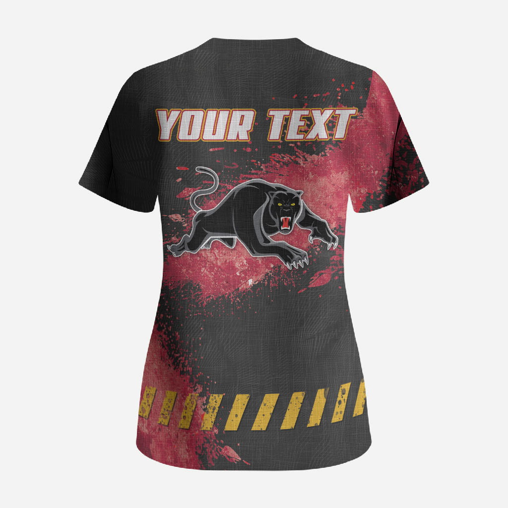 Personalised Penrith Panthers Rugby Scrub Top Black Panther Mascot - Sporty Splash Art Style