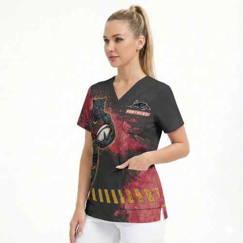 Personalised Penrith Panthers Rugby Scrub Top Black Panther Mascot - Sporty Splash Art Style