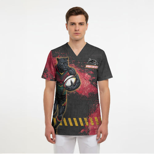 Personalised Penrith Panthers Rugby Scrub Top Black Panther Mascot - Sporty Splash Art Style
