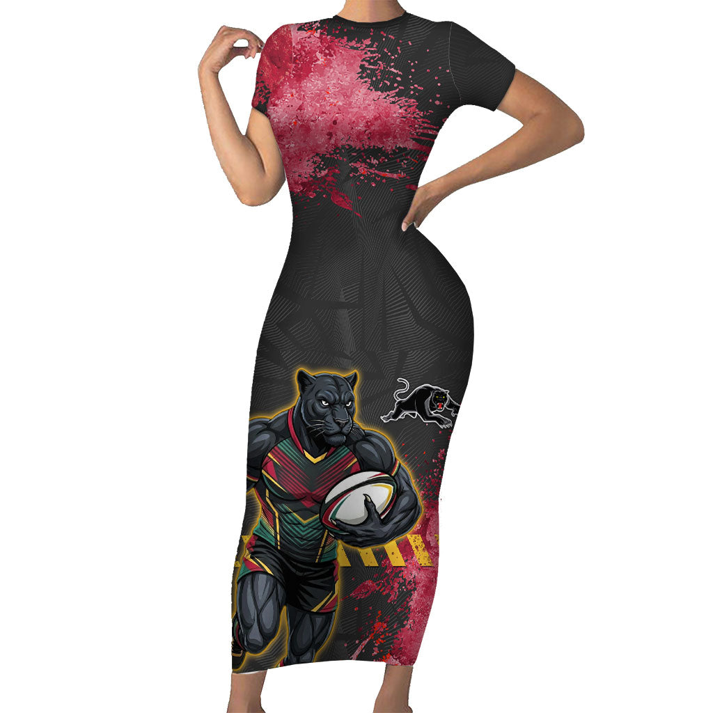 Personalised Penrith Panthers Rugby Short Sleeve Bodycon Dress Black Panther Mascot - Sporty Splash Art Style