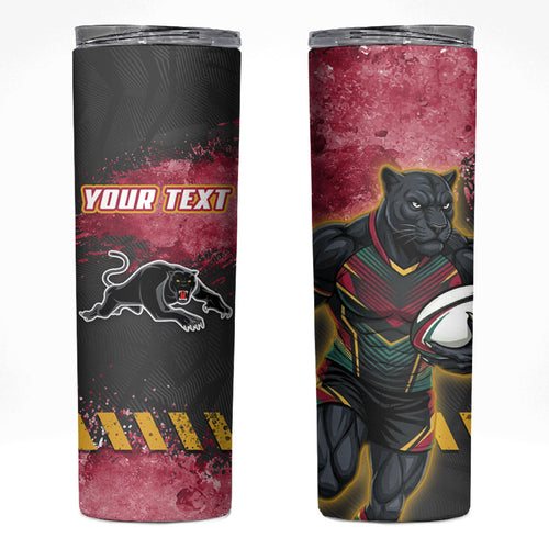Personalised Penrith Panthers Rugby Skinny Tumbler Black Panther Mascot - Sporty Splash Art Style