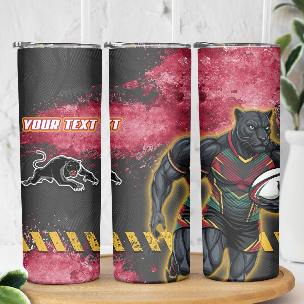 Personalised Penrith Panthers Rugby Skinny Tumbler Black Panther Mascot - Sporty Splash Art Style