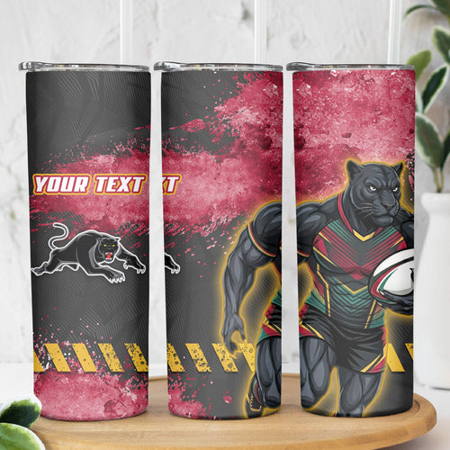 Personalised Penrith Panthers Rugby Skinny Tumbler Black Panther Mascot - Sporty Splash Art Style