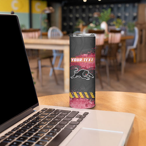 Personalised Penrith Panthers Rugby Skinny Tumbler Black Panther Mascot - Sporty Splash Art Style