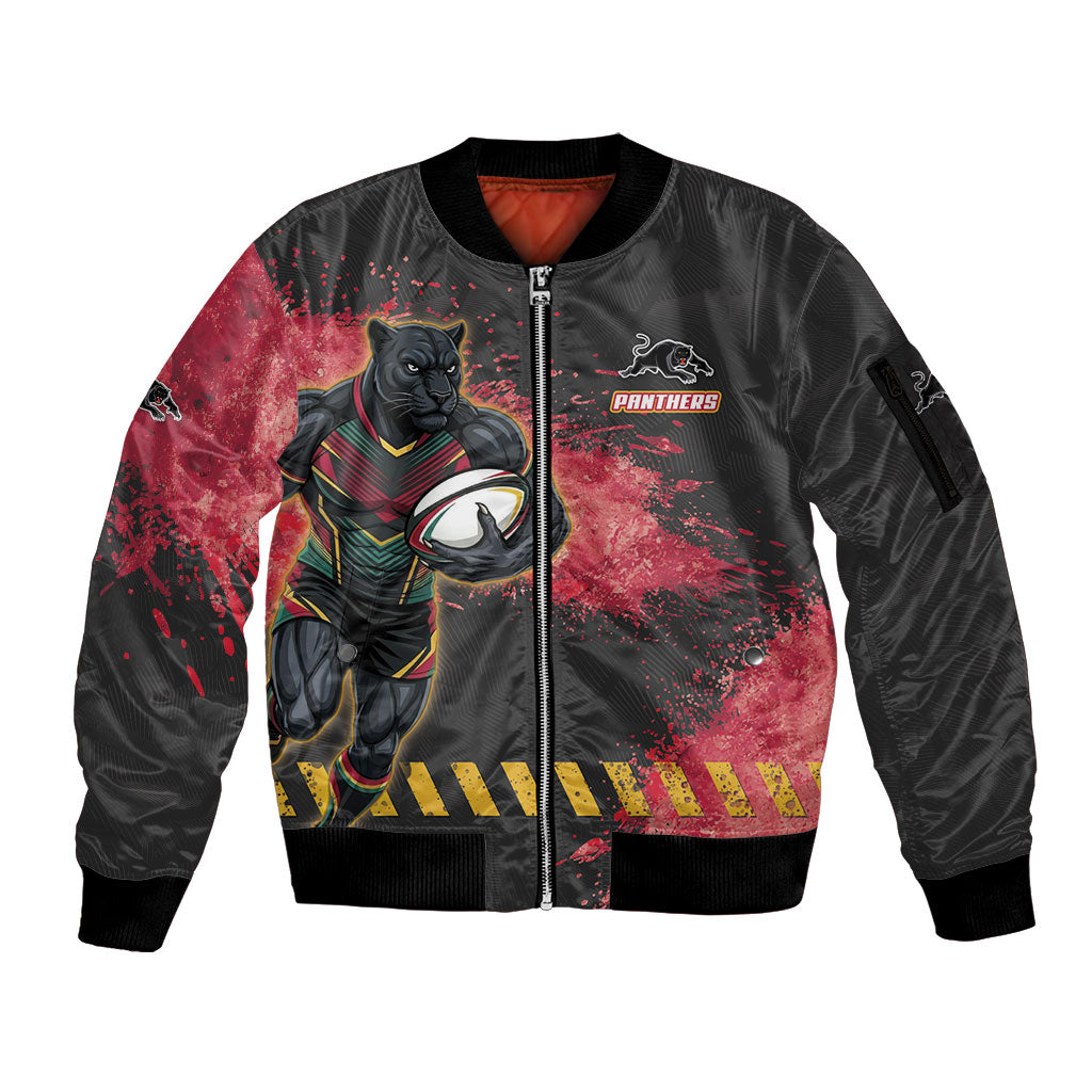 Personalised Penrith Panthers Rugby Sleeve Zip Bomber Jacket Black Panther Mascot - Sporty Splash Art Style