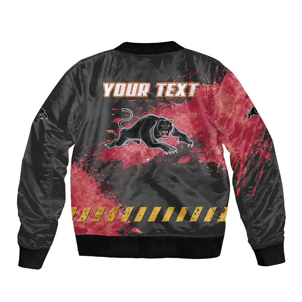 Personalised Penrith Panthers Rugby Sleeve Zip Bomber Jacket Black Panther Mascot - Sporty Splash Art Style