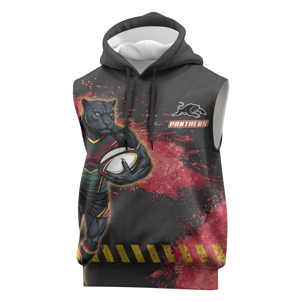 Personalised Penrith Panthers Rugby Sleeveless Hoodie Black Panther Mascot - Sporty Splash Art Style
