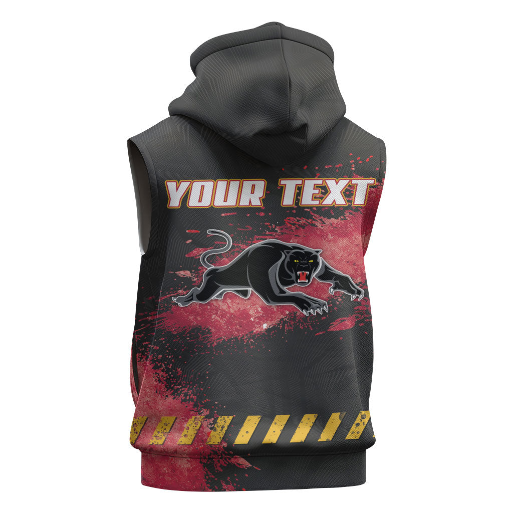 Personalised Penrith Panthers Rugby Sleeveless Hoodie Black Panther Mascot - Sporty Splash Art Style