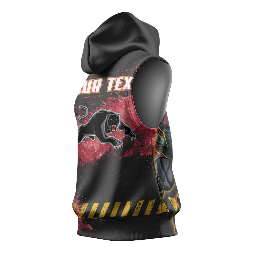 Personalised Penrith Panthers Rugby Sleeveless Hoodie Black Panther Mascot - Sporty Splash Art Style