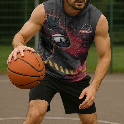 Personalised Penrith Panthers Rugby Sleeveless Hoodie Black Panther Mascot - Sporty Splash Art Style
