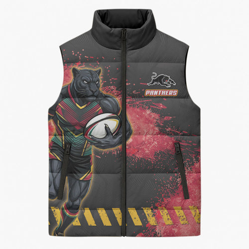 Personalised Penrith Panthers Rugby Sleeveless Puffer Jacket Black Panther Mascot - Sporty Splash Art Style