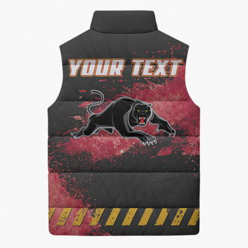 Personalised Penrith Panthers Rugby Sleeveless Puffer Jacket Black Panther Mascot - Sporty Splash Art Style