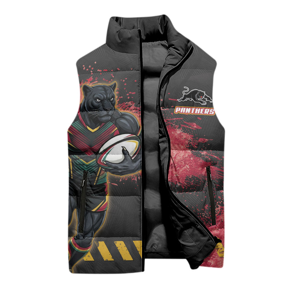 Personalised Penrith Panthers Rugby Sleeveless Puffer Jacket Black Panther Mascot - Sporty Splash Art Style