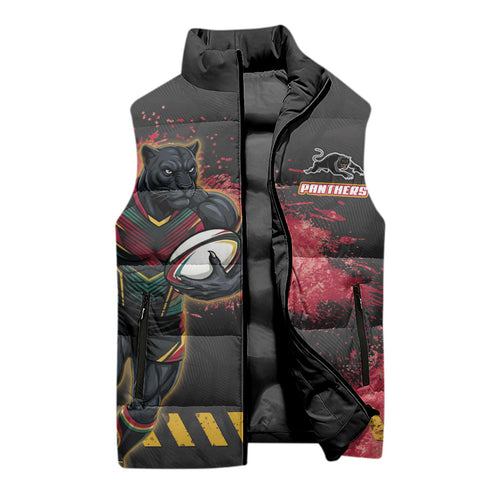 Personalised Penrith Panthers Rugby Sleeveless Puffer Jacket Black Panther Mascot - Sporty Splash Art Style