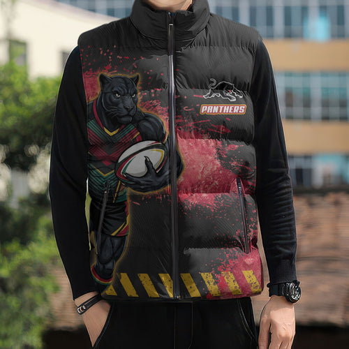 Personalised Penrith Panthers Rugby Sleeveless Puffer Jacket Black Panther Mascot - Sporty Splash Art Style