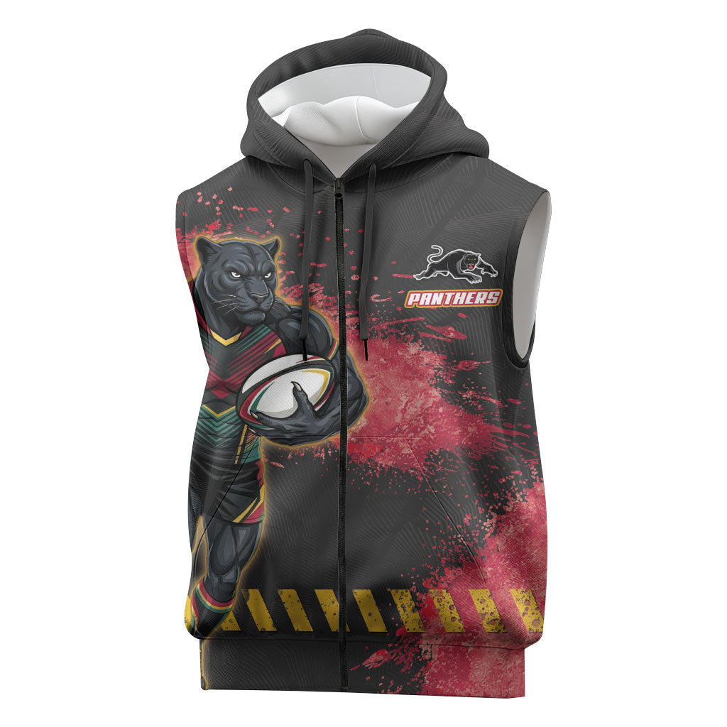 Personalised Penrith Panthers Rugby Sleeveless Zip Hoodie Black Panther Mascot - Sporty Splash Art Style