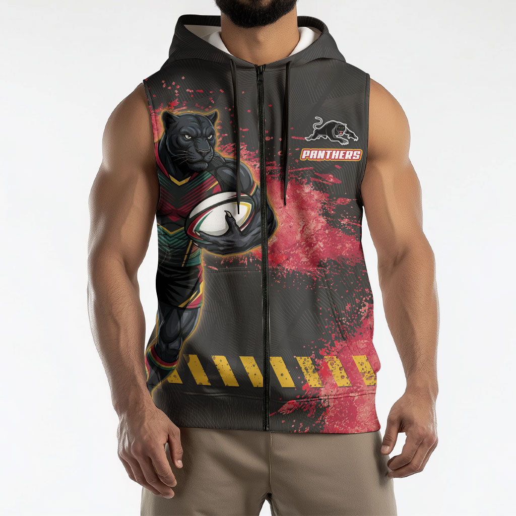 Personalised Penrith Panthers Rugby Sleeveless Zip Hoodie Black Panther Mascot - Sporty Splash Art Style