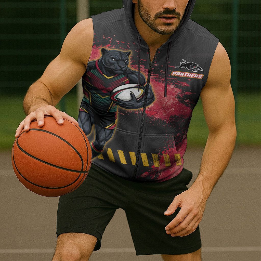 Personalised Penrith Panthers Rugby Sleeveless Zip Hoodie Black Panther Mascot - Sporty Splash Art Style