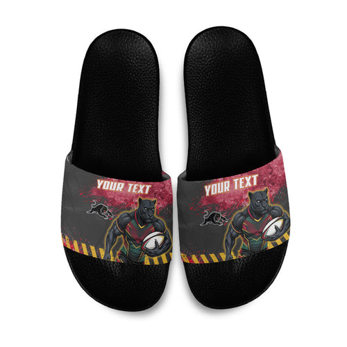 Personalised Penrith Panthers Rugby Slide Sandals Black Panther Mascot - Sporty Splash Art Style