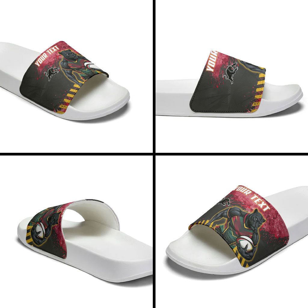 Personalised Penrith Panthers Rugby Slide Sandals Black Panther Mascot - Sporty Splash Art Style