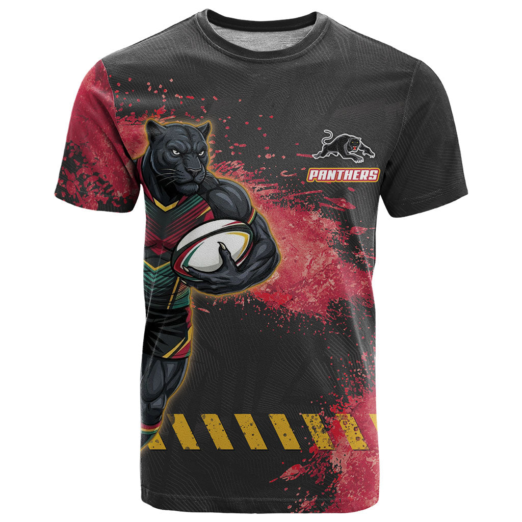 Personalised Penrith Panthers Rugby T Shirt Black Panther Mascot - Sporty Splash Art Style