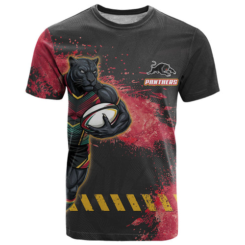 Personalised Penrith Panthers Rugby T Shirt Black Panther Mascot - Sporty Splash Art Style