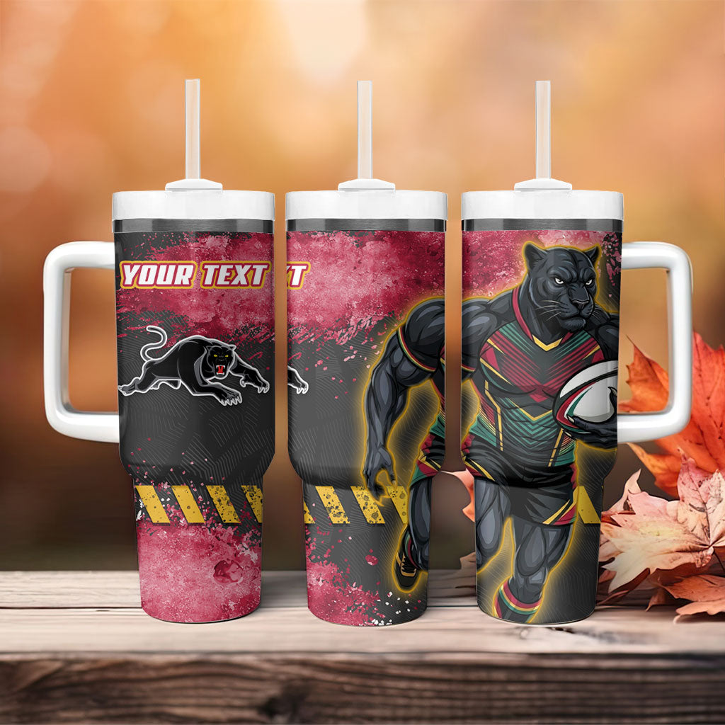 Personalised Penrith Panthers Rugby Tumbler With Handle Black Panther Mascot - Sporty Splash Art Style