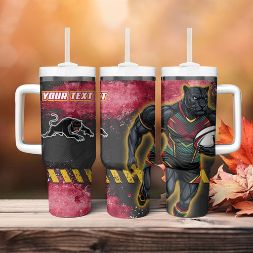 Personalised Penrith Panthers Rugby Tumbler With Handle Black Panther Mascot - Sporty Splash Art Style