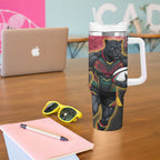 Personalised Penrith Panthers Rugby Tumbler With Handle Black Panther Mascot - Sporty Splash Art Style